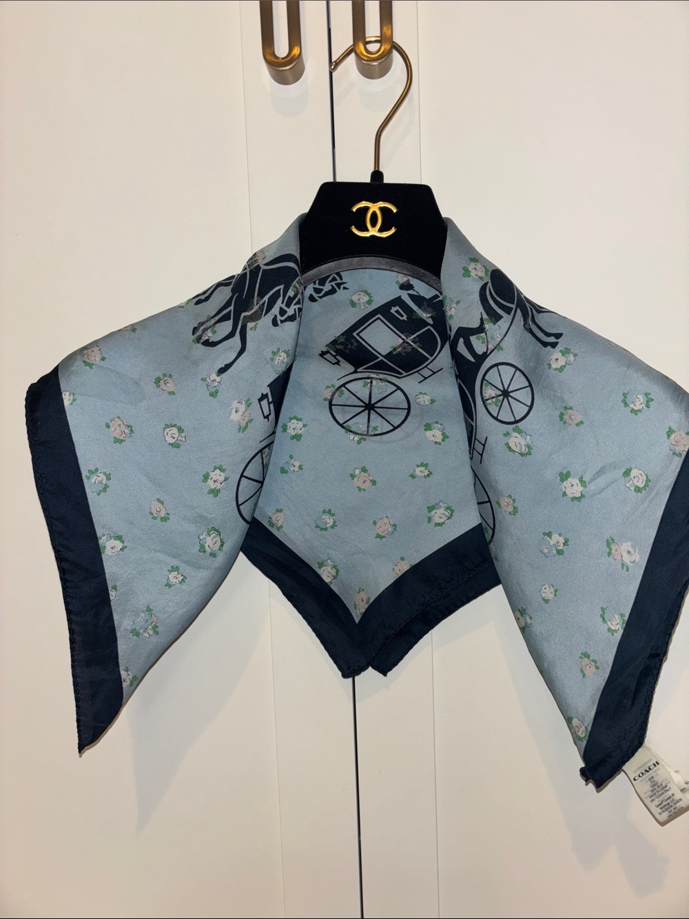 Coach Silk Square Scarf - Light Blue with Navy Horse & Carriage Print